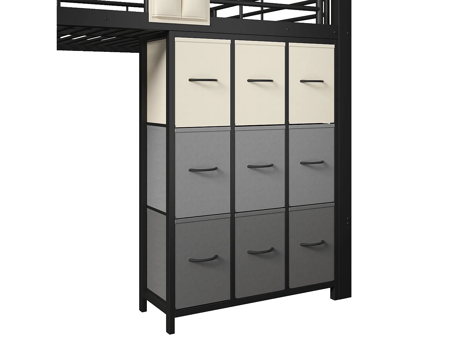 Lit mezzanine en métal - 140 x 200 cm - avec commode à 9 tiroirs + penderie + escalier avec rangement - noir