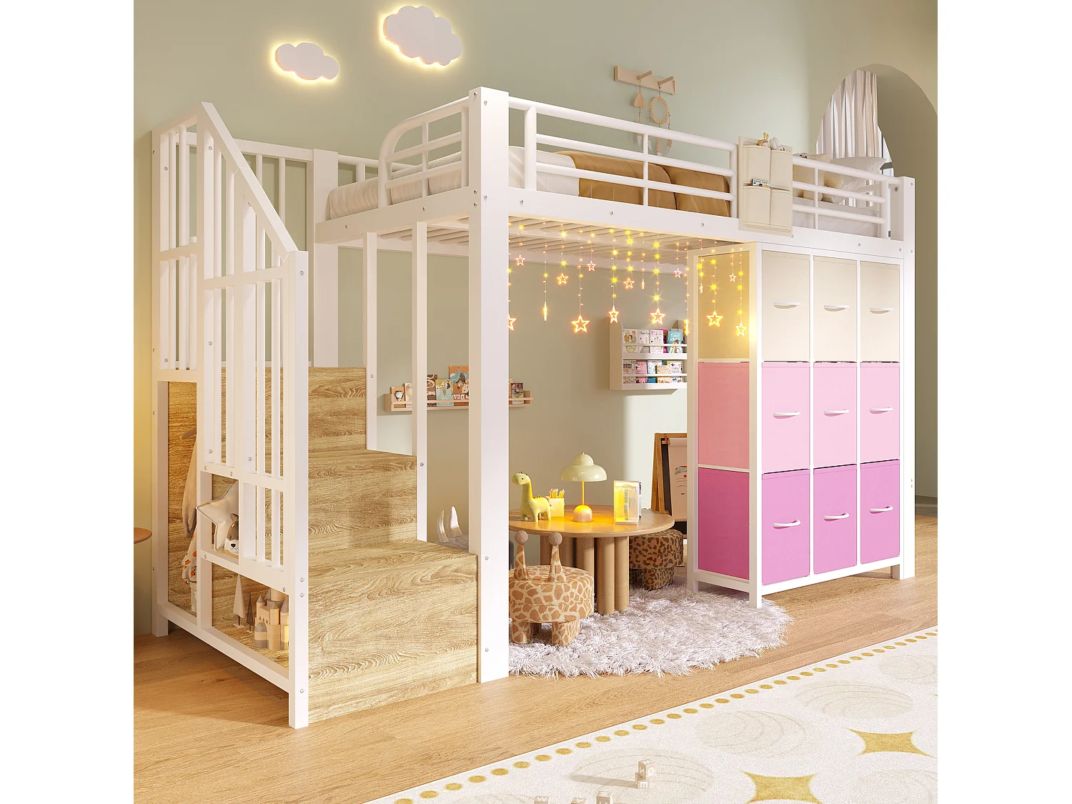 Lit mezzanine en métal - 90 x 200 cm - avec commode à 9 tiroirs + penderie + escalier avec rangement - blanc