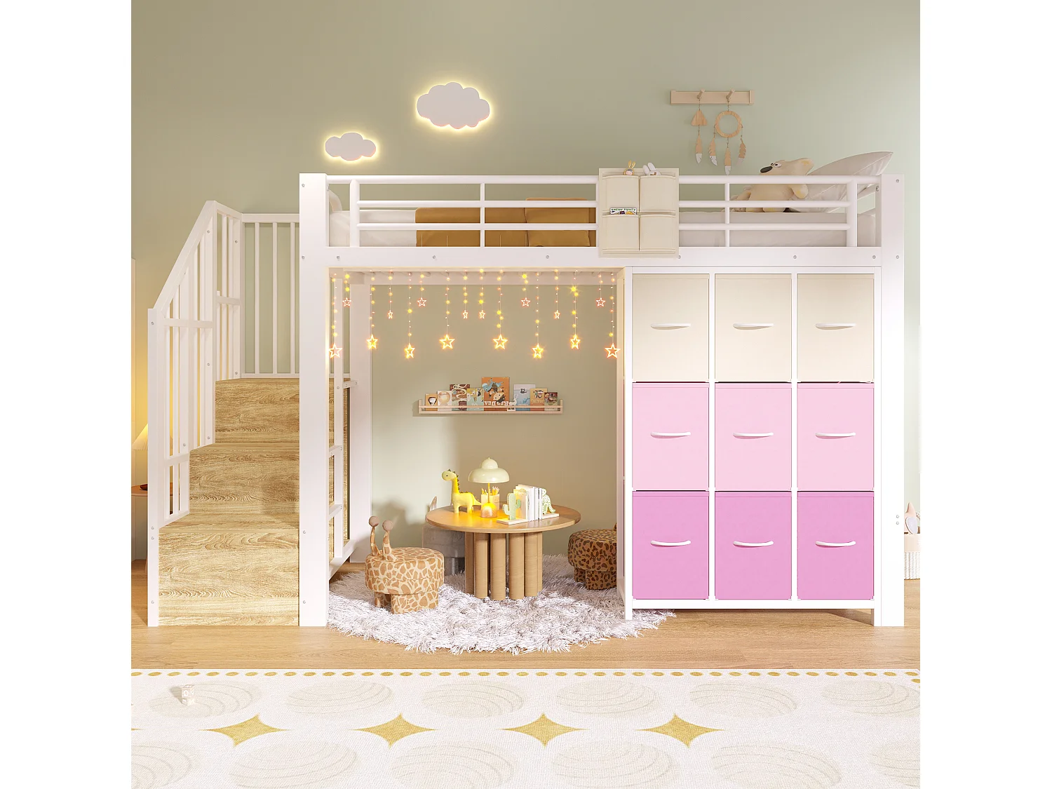 Lit mezzanine en métal - 90 x 200 cm - avec commode à 9 tiroirs + penderie + escalier avec rangement - blanc