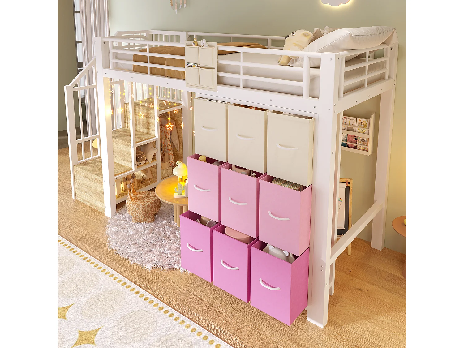 Lit mezzanine en métal - 90 x 200 cm - avec commode à 9 tiroirs + penderie + escalier avec rangement - blanc