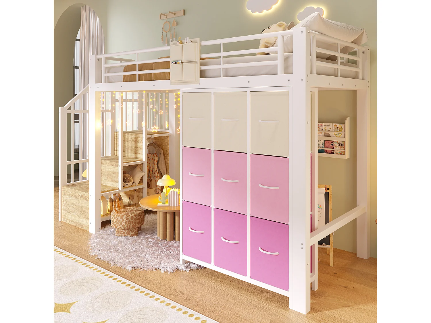 Lit mezzanine en métal - 90 x 200 cm - avec commode à 9 tiroirs + penderie + escalier avec rangement - blanc