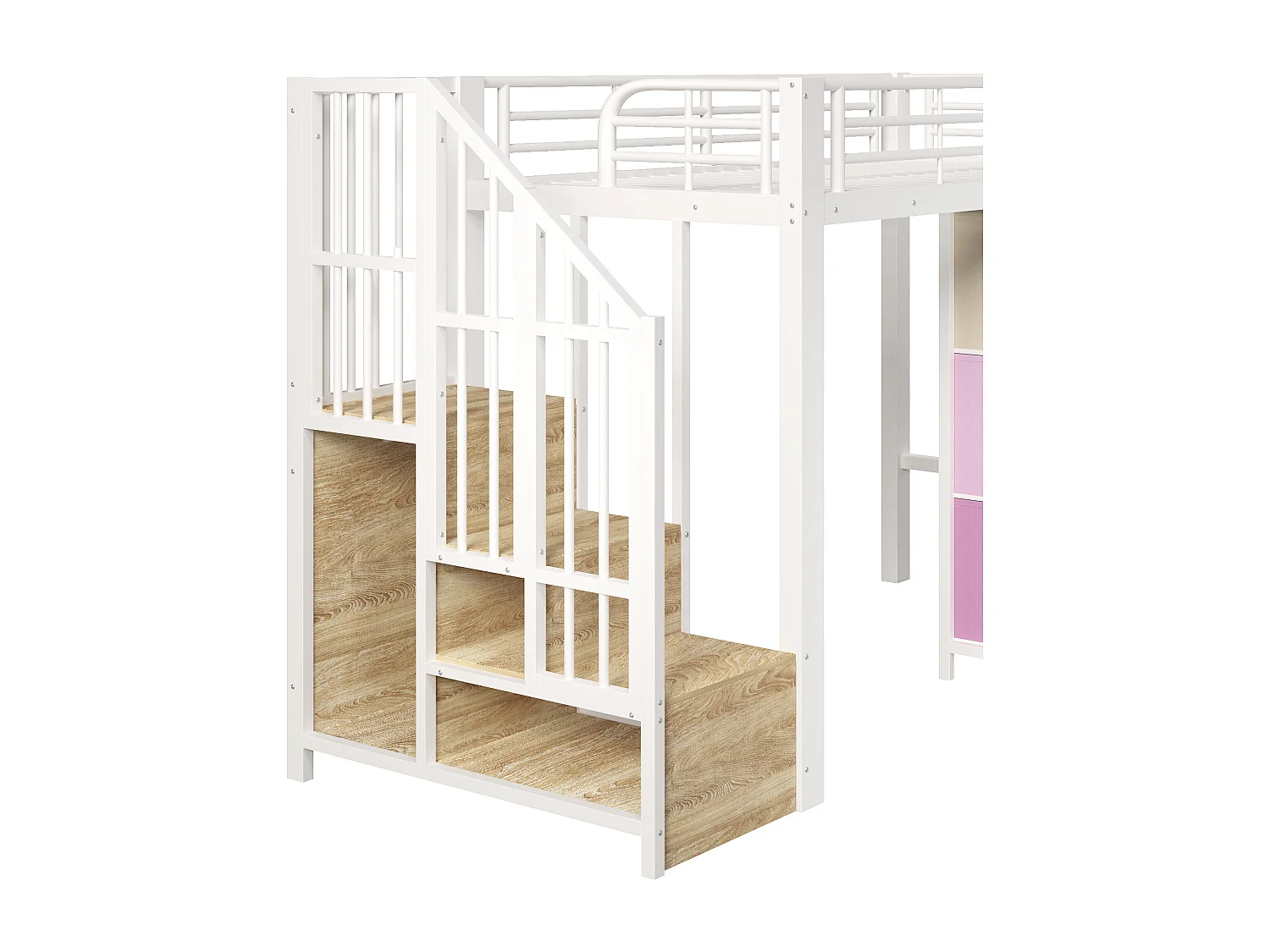 Lit mezzanine en métal - 90 x 200 cm - avec commode à 9 tiroirs + penderie + escalier avec rangement - blanc