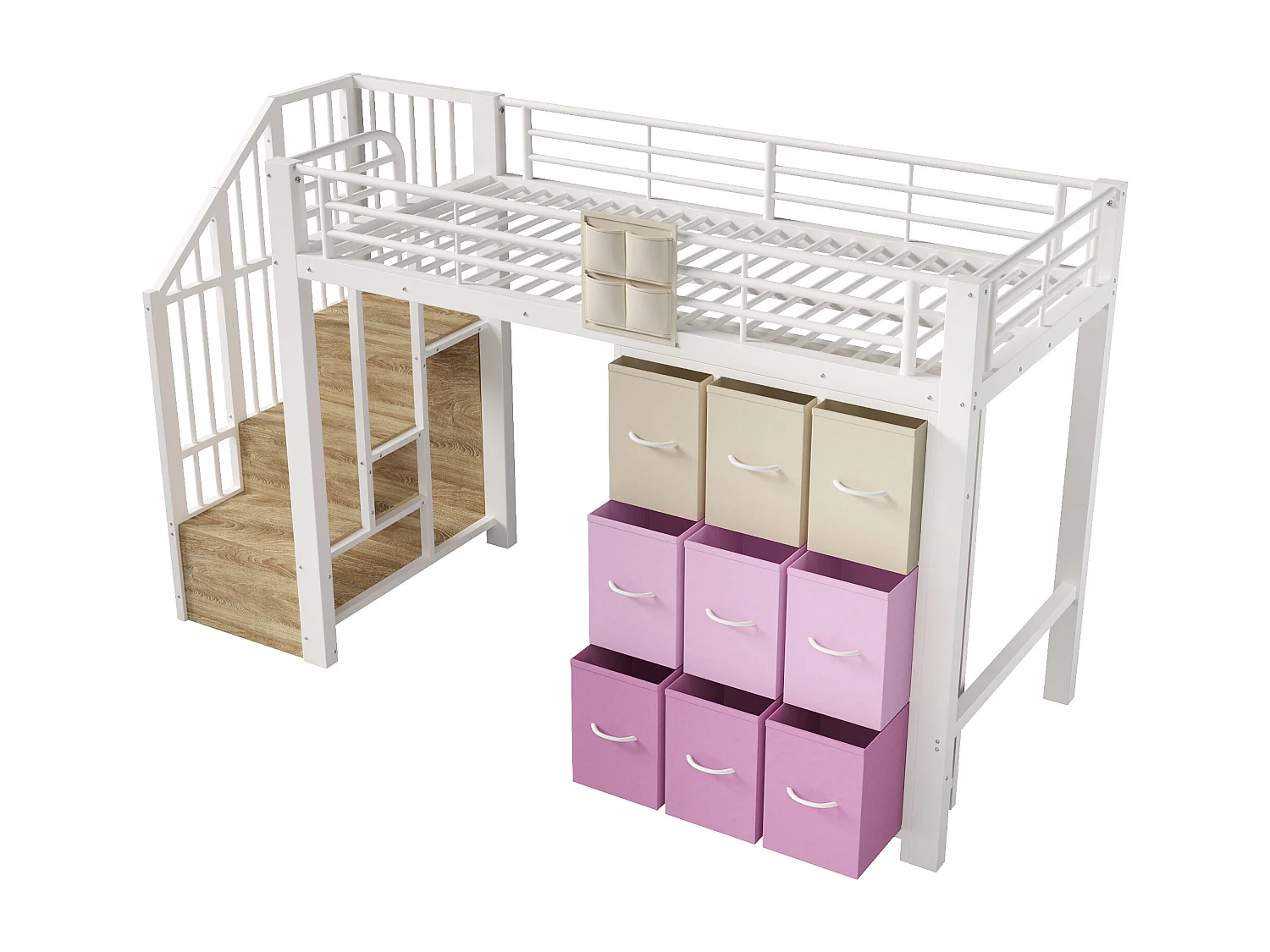 Lit mezzanine en métal - 90 x 200 cm - avec commode à 9 tiroirs + penderie + escalier avec rangement - blanc