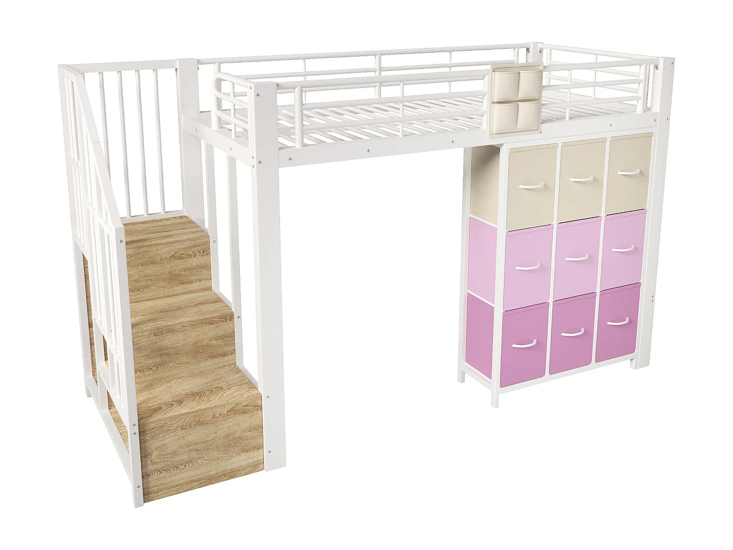 Lit mezzanine en métal - 90 x 200 cm - avec commode à 9 tiroirs + penderie + escalier avec rangement - blanc