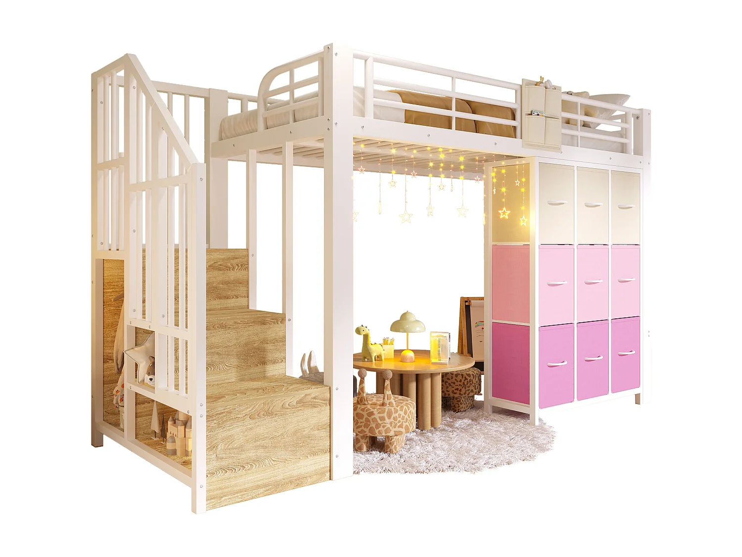 Lit mezzanine en métal - 90 x 200 cm - avec commode à 9 tiroirs + penderie + escalier avec rangement - blanc