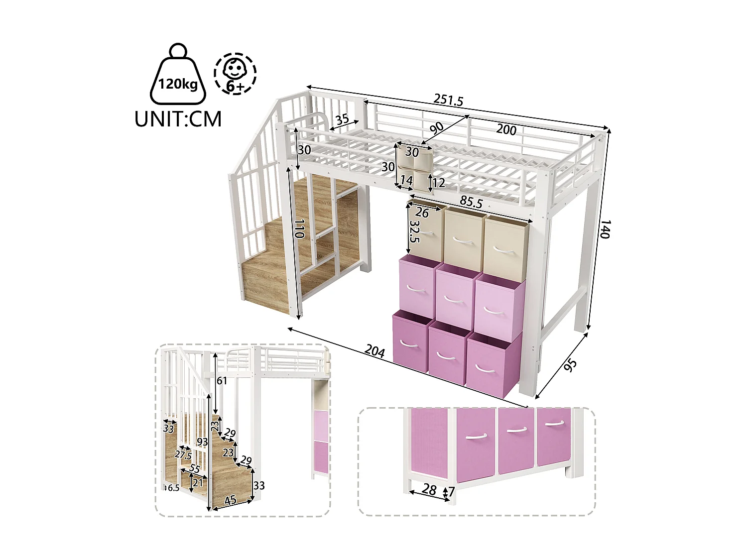 Lit mezzanine en métal - 90 x 200 cm - avec commode à 9 tiroirs + penderie + escalier avec rangement - blanc