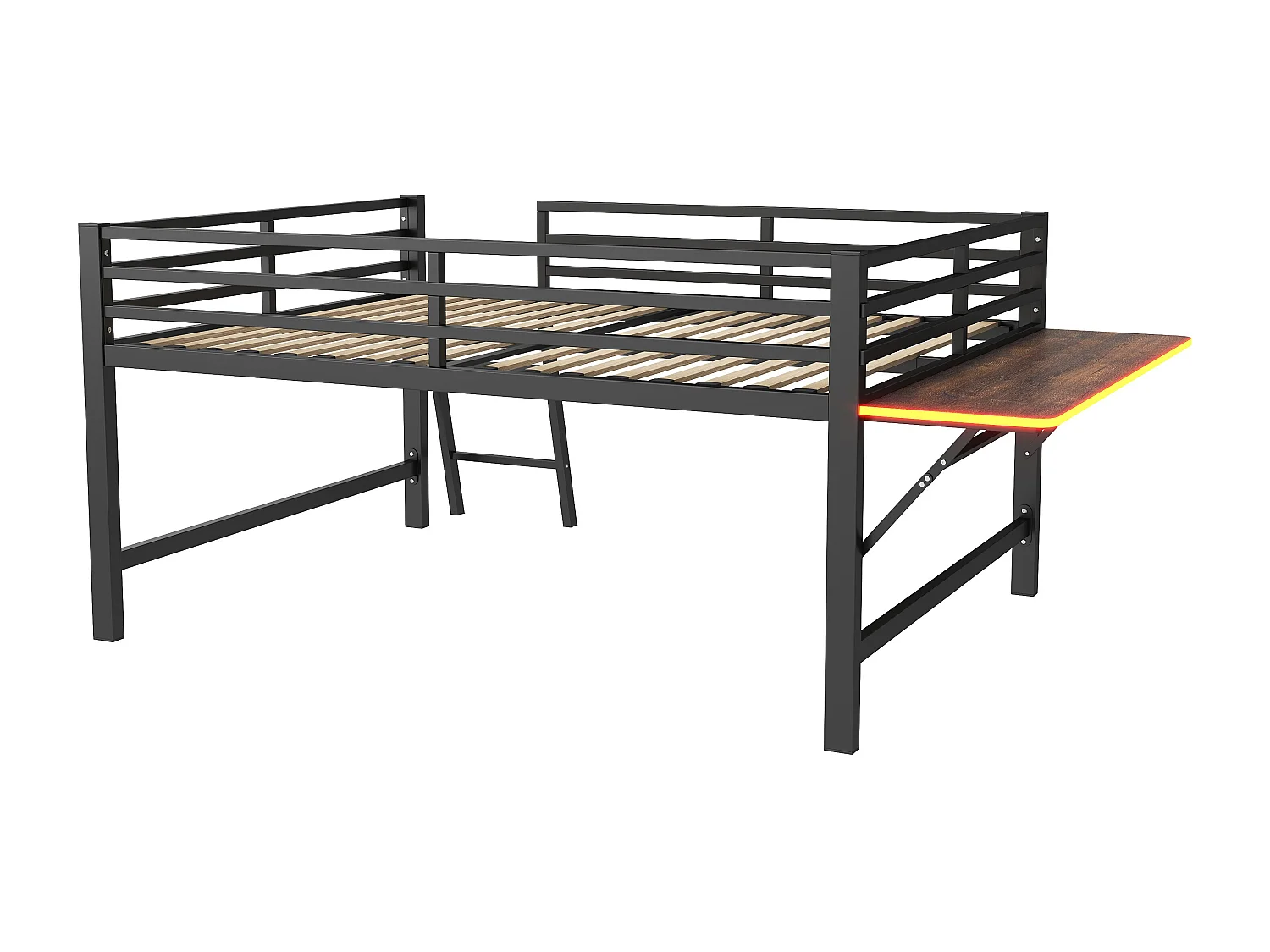 Lit mi hauteur en métal - 140 x 200 cm - avec barrière de sécurité + échelle + bureau + Leds - noir