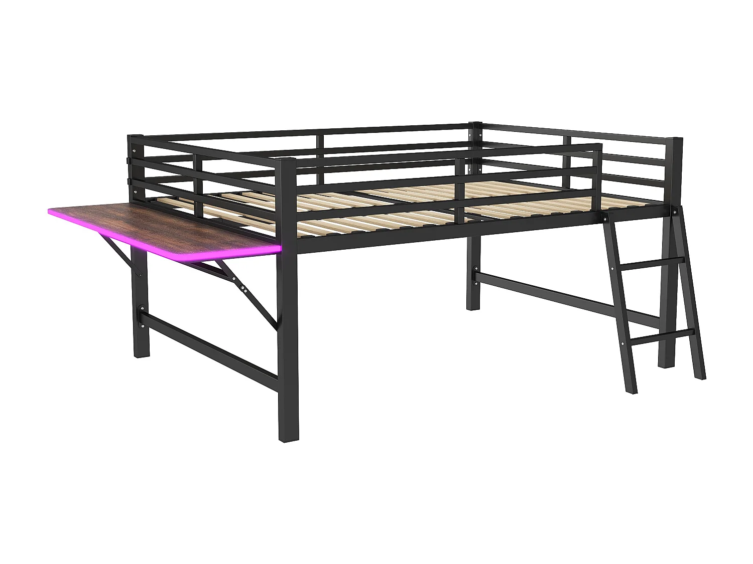 Lit mi hauteur en métal - 140 x 200 cm - avec barrière de sécurité + échelle + bureau + Leds - noir