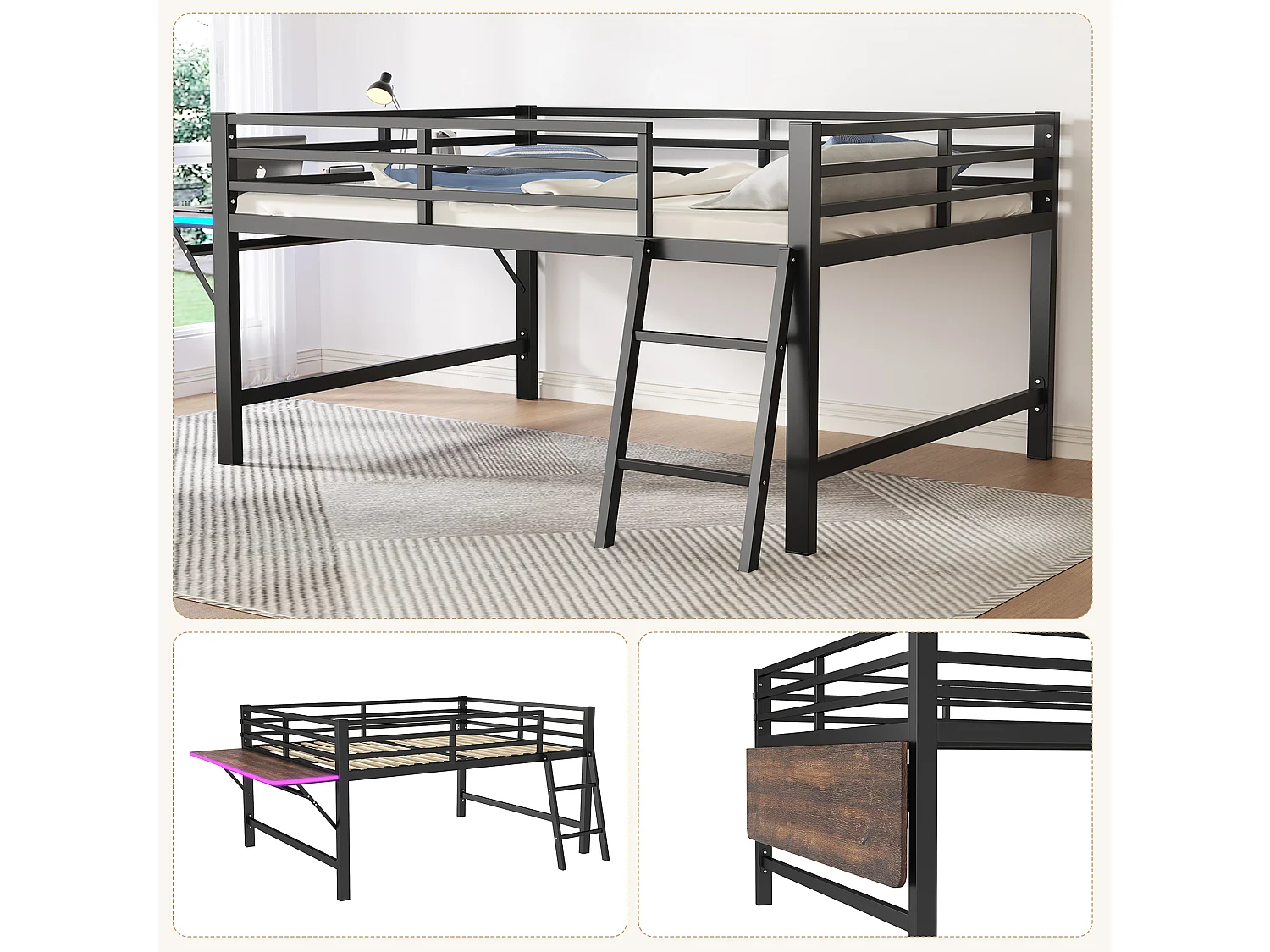 Lit mi hauteur en métal - 140 x 200 cm - avec barrière de sécurité + échelle + bureau + Leds - noir