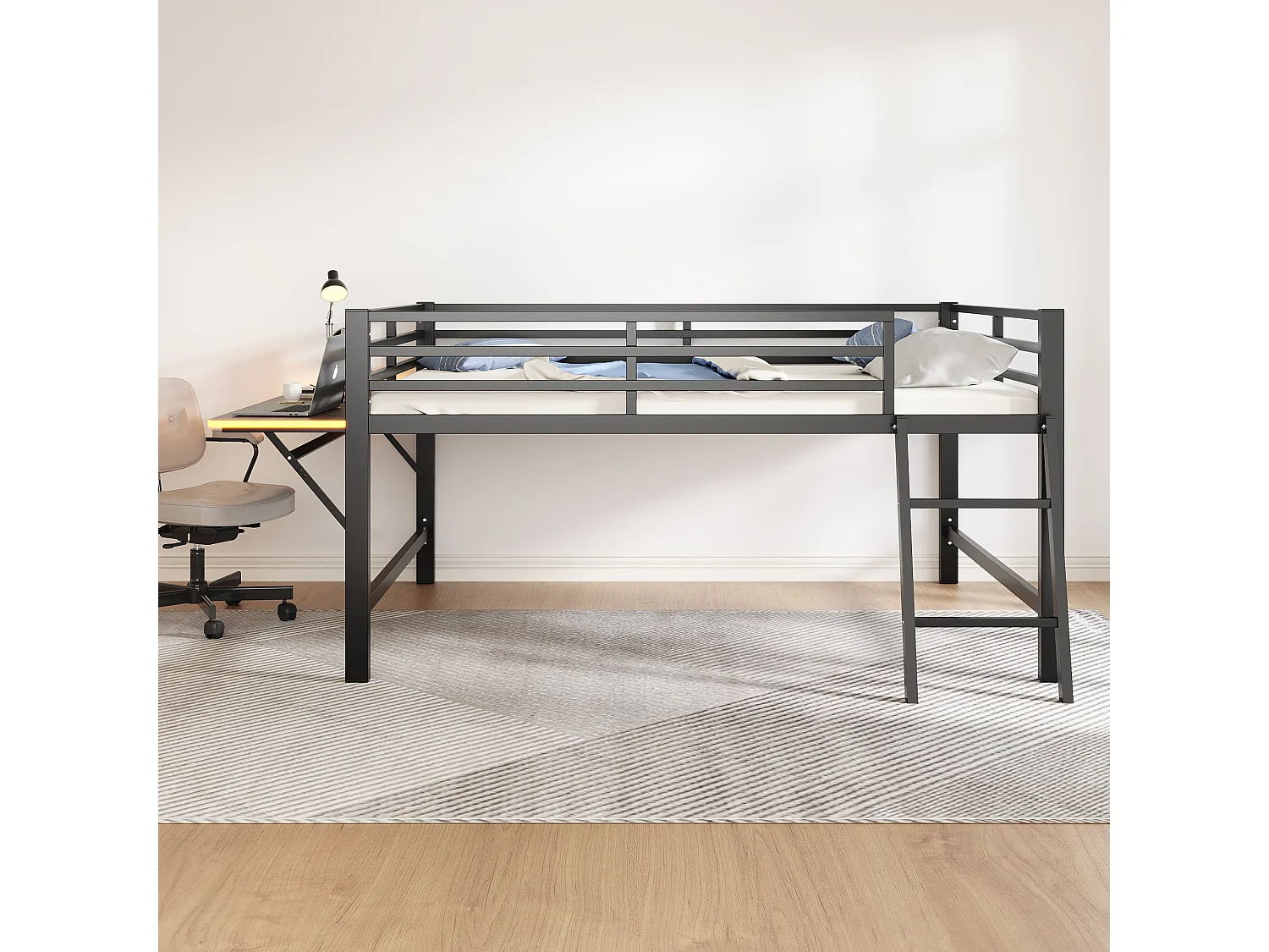 Lit mi hauteur en métal - 140 x 200 cm - avec barrière de sécurité + échelle + bureau + Leds - noir