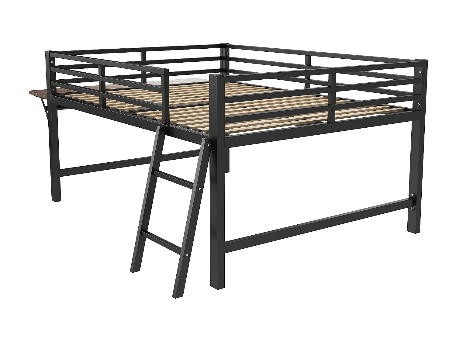 Lit mi hauteur en métal - 140 x 200 cm - avec barrière de sécurité + échelle + bureau + Leds - noir