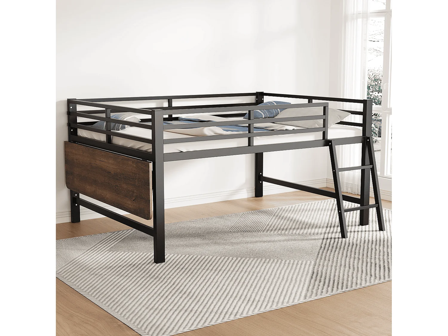 Lit mi hauteur en métal - 140 x 200 cm - avec barrière de sécurité + échelle + bureau + Leds - noir