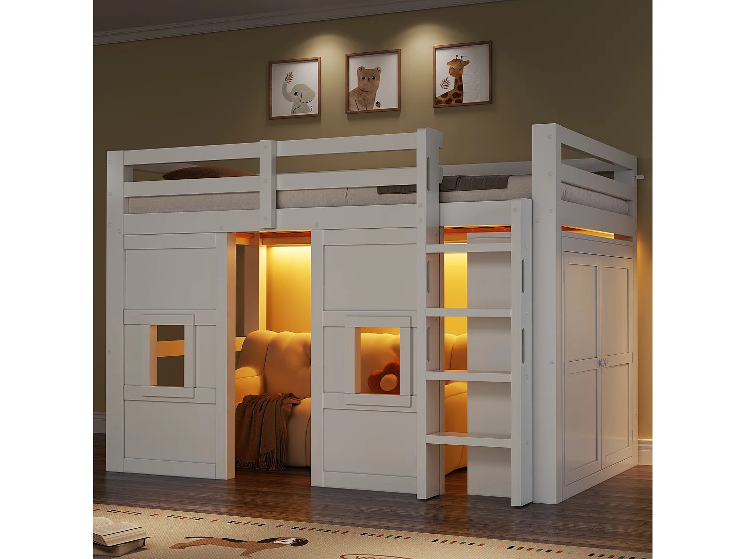 Lit mezzanine pour enfant - 90 x 200 cm - avec armoire intégrée + 2 fenêtres + Leds - MDF + bois - blanc