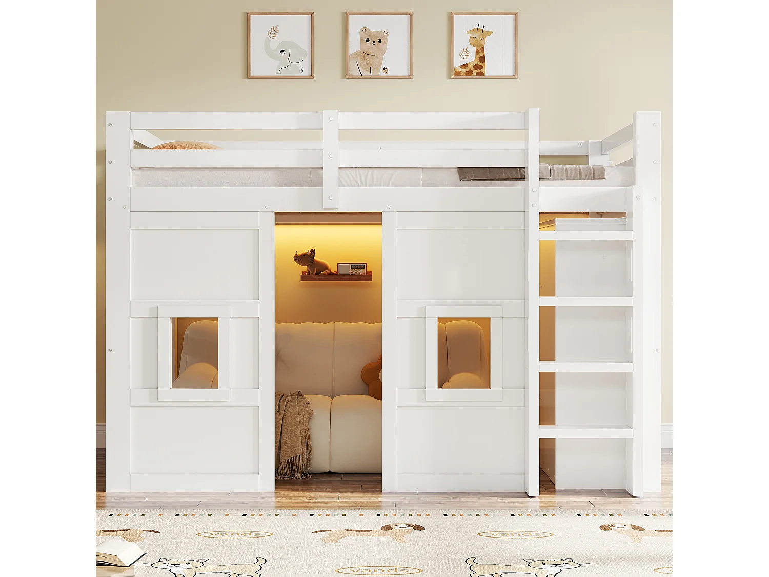 Lit mezzanine pour enfant - 90 x 200 cm - avec armoire intégrée + 2 fenêtres + Leds - MDF + bois - blanc