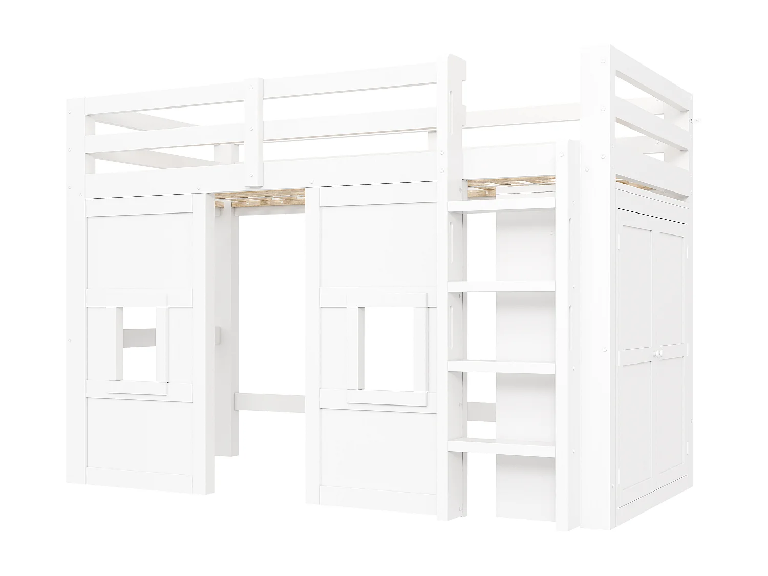 Lit mezzanine pour enfant - 90 x 200 cm - avec armoire intégrée + 2 fenêtres + Leds - MDF + bois - blanc