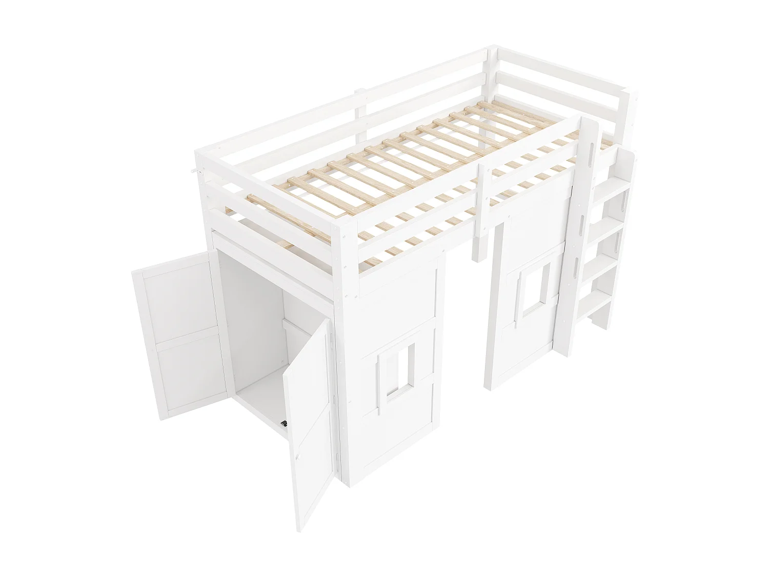 Lit mezzanine pour enfant - 90 x 200 cm - avec armoire intégrée + 2 fenêtres + Leds - MDF + bois - blanc