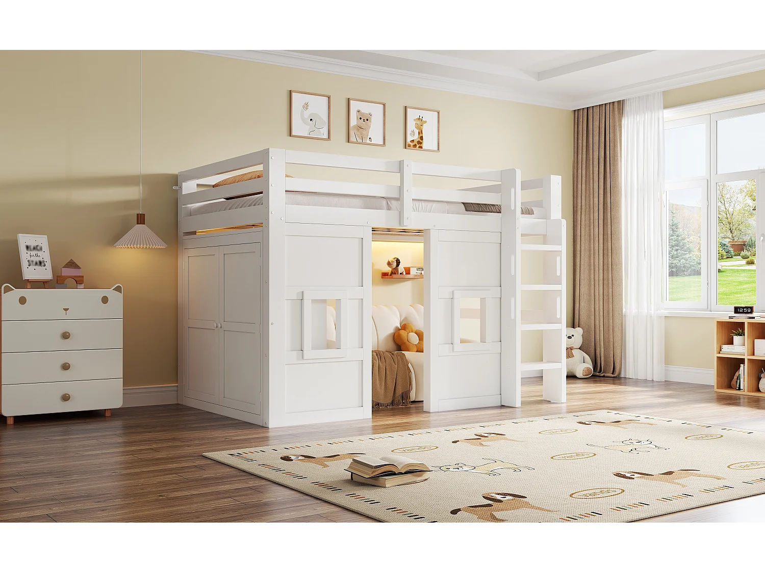 Lit mezzanine pour enfant - 90 x 200 cm - avec armoire intégrée + 2 fenêtres + Leds - MDF + bois - blanc