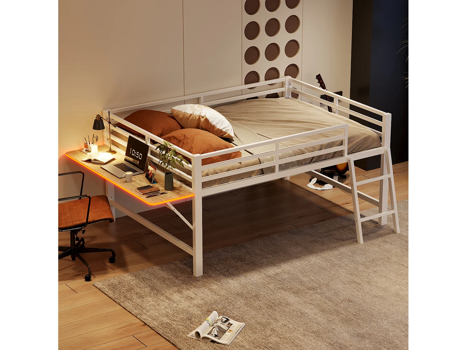 Lit mi hauteur en métal - 140 x 200 cm - avec barrière de sécurité + échelle + bureau + Leds - blanc