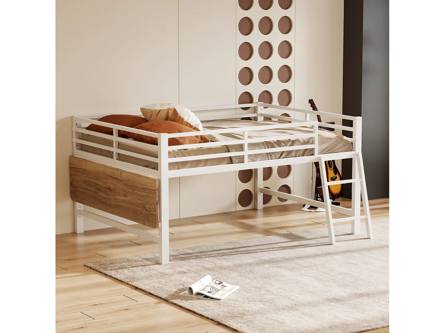 Lit mi hauteur en métal - 140 x 200 cm - avec barrière de sécurité + échelle + bureau + Leds - blanc