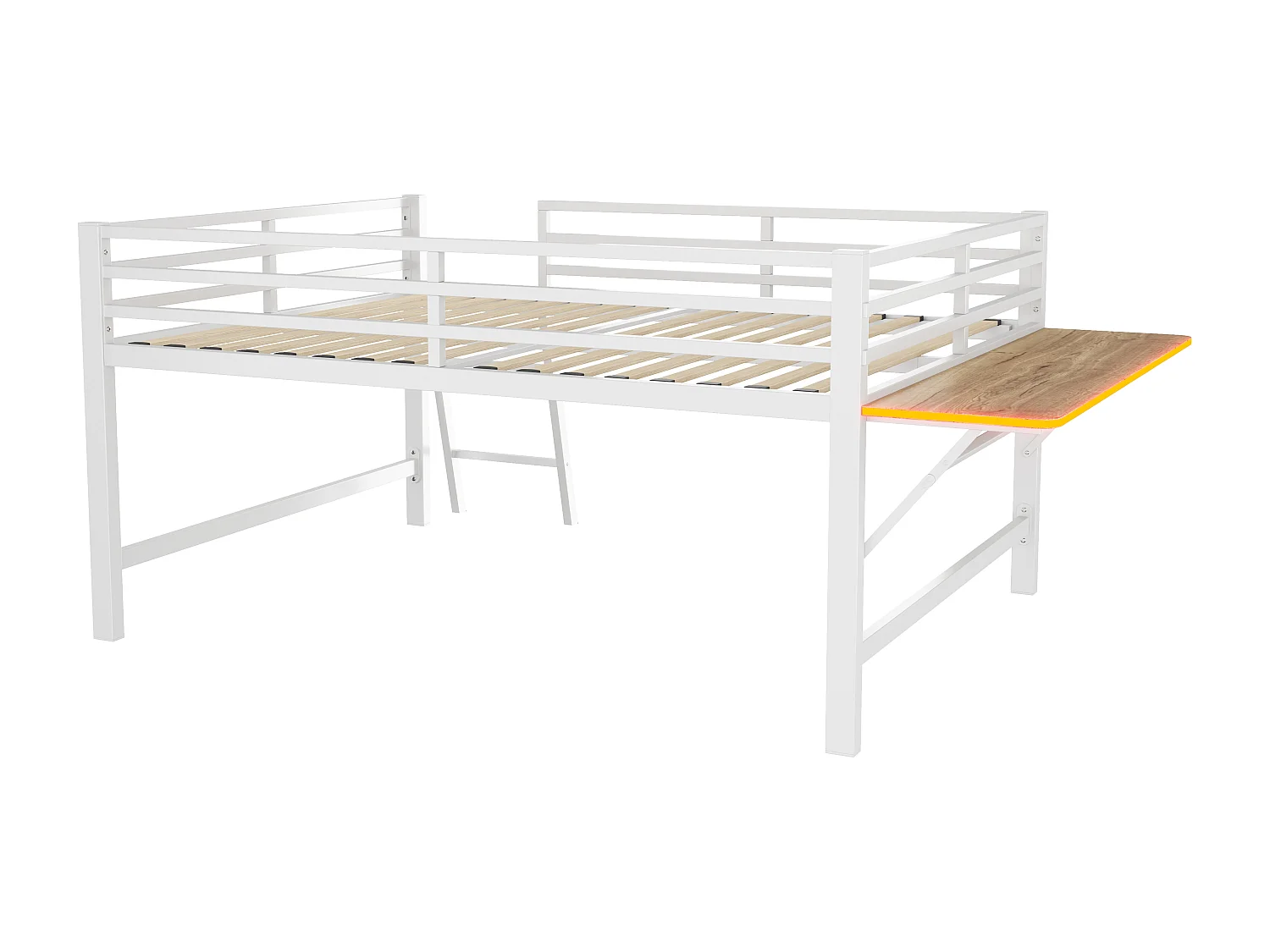 Lit mi hauteur en métal - 140 x 200 cm - avec barrière de sécurité + échelle + bureau + Leds - blanc