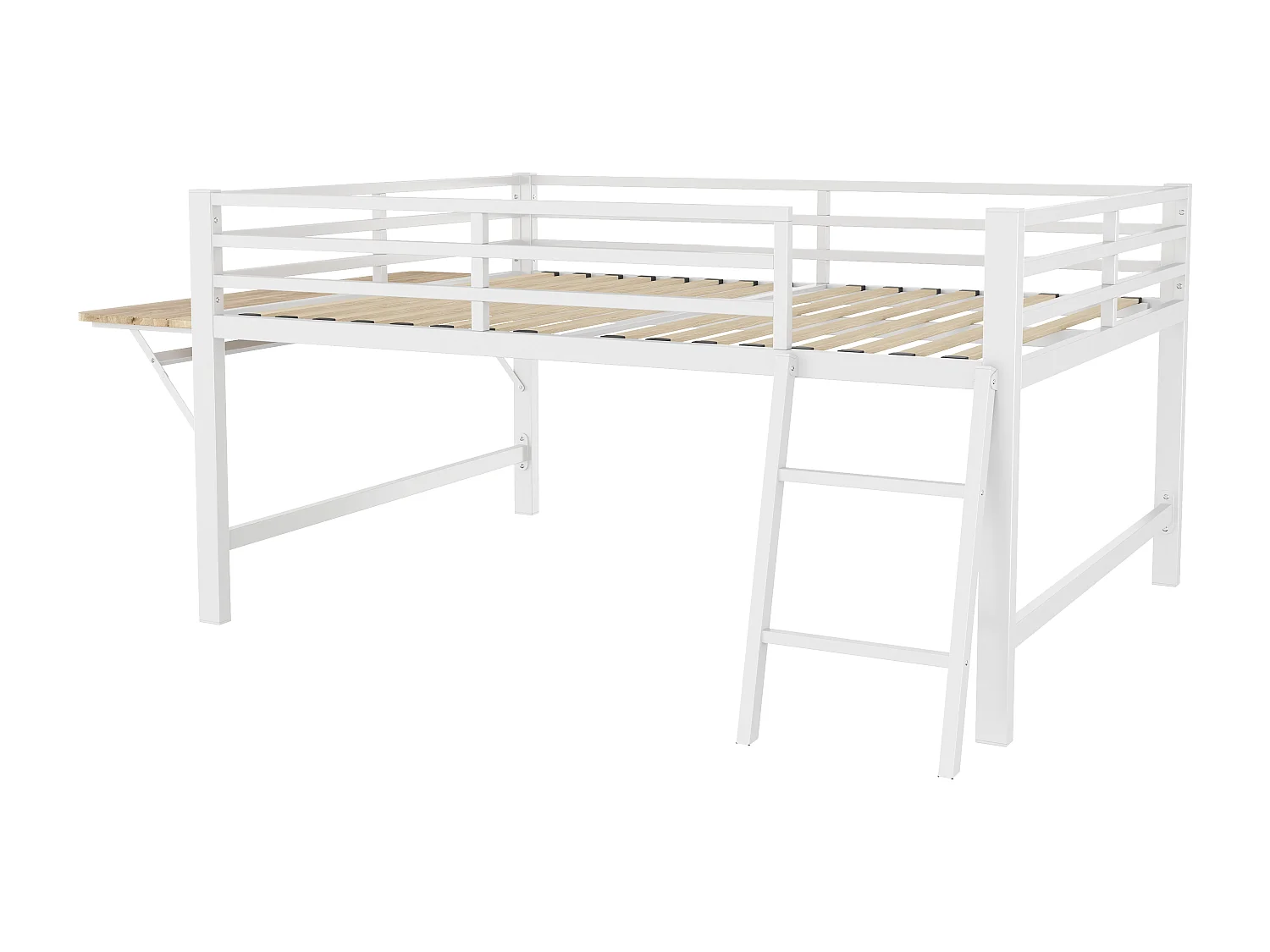 Lit mi hauteur en métal - 140 x 200 cm - avec barrière de sécurité + échelle + bureau + Leds - blanc