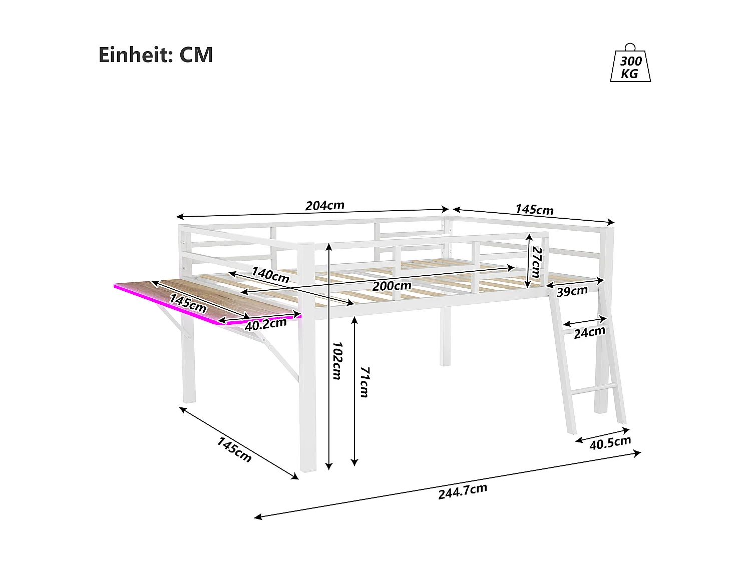 Lit mi hauteur en métal - 140 x 200 cm - avec barrière de sécurité + échelle + bureau + Leds - blanc