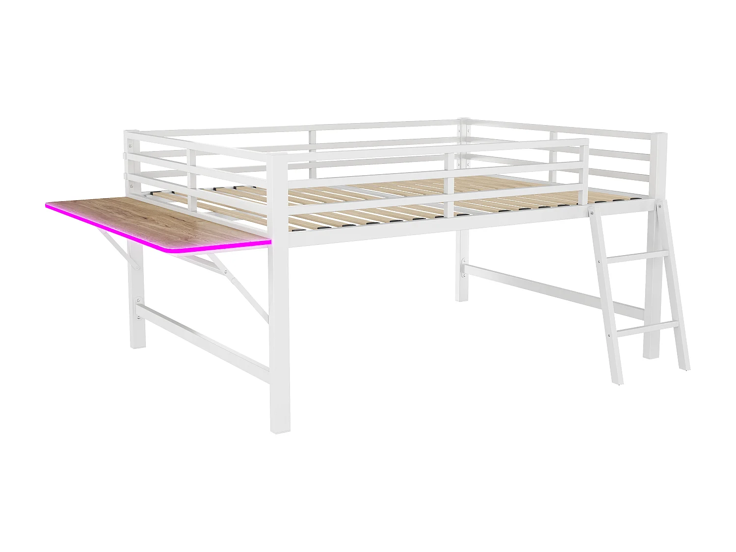 Lit mi hauteur en métal - 140 x 200 cm - avec barrière de sécurité + échelle + bureau + Leds - blanc