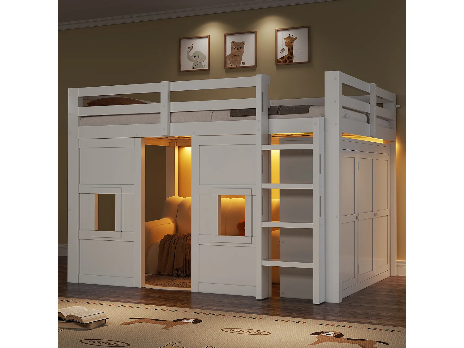 Lit mezzanine pour enfant - 140 x 200 cm - avec armoire intégrée + 2 fenêtres + Leds - MDF + bois - blanc