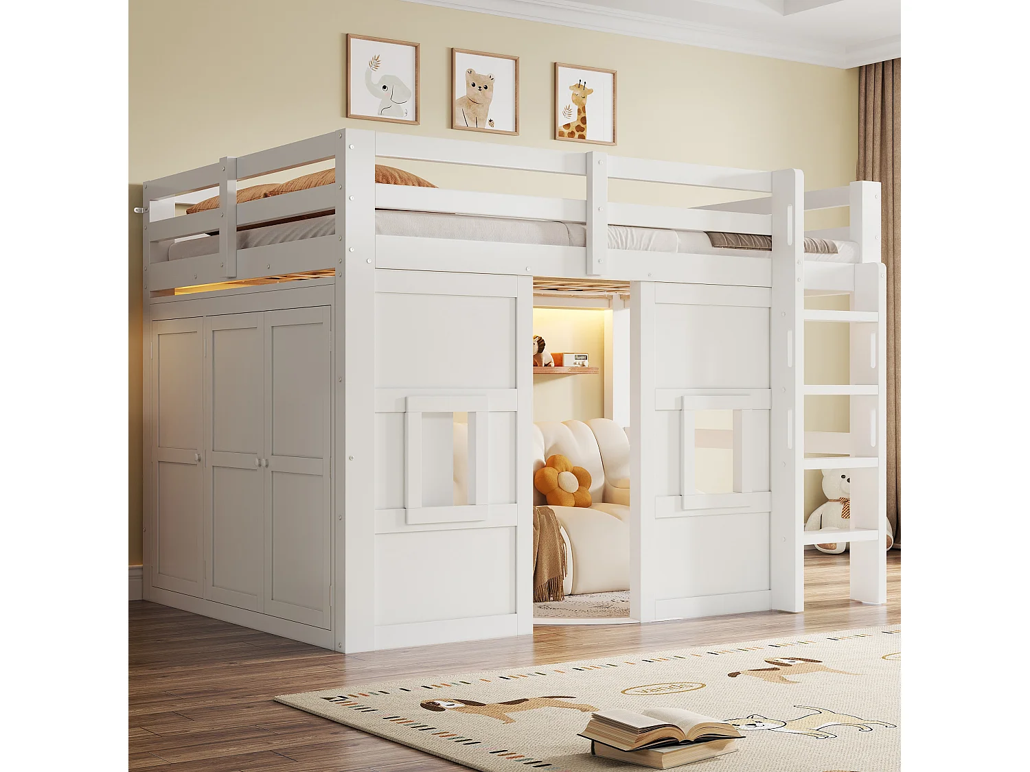 Lit mezzanine pour enfant - 140 x 200 cm - avec armoire intégrée + 2 fenêtres + Leds - MDF + bois - blanc