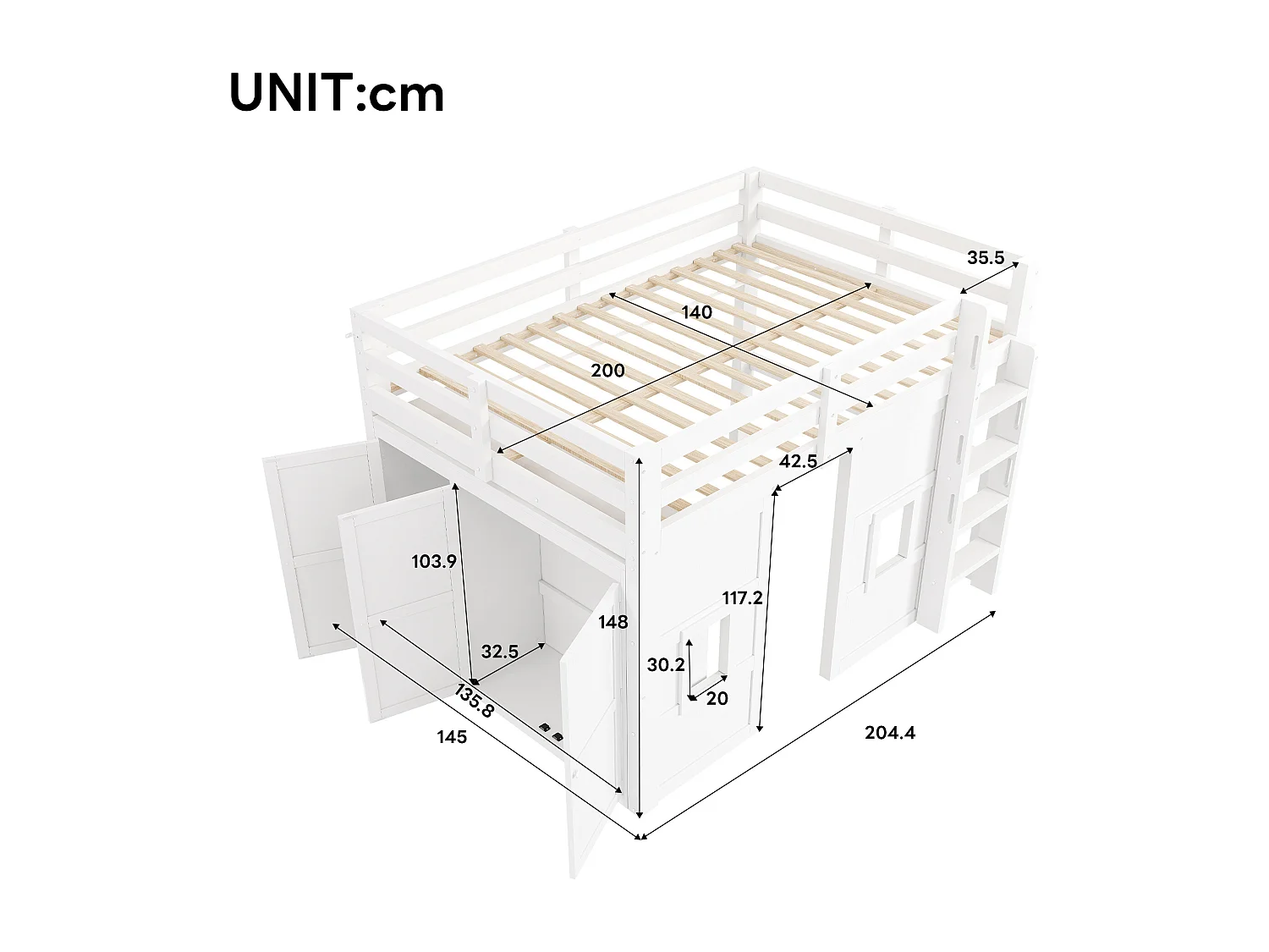 Lit mezzanine pour enfant - 140 x 200 cm - avec armoire intégrée + 2 fenêtres + Leds - MDF + bois - blanc