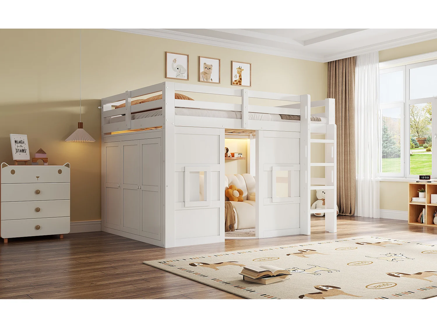 Lit mezzanine pour enfant - 140 x 200 cm - avec armoire intégrée + 2 fenêtres + Leds - MDF + bois - blanc