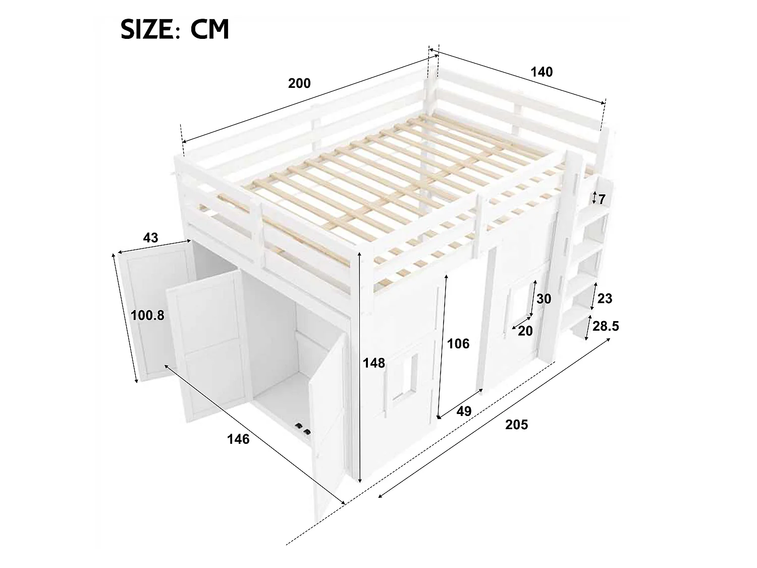 Łóżko piętrowe dla dzieci - 140 x 200 cm - z wbudowaną szafą + 2 okna + LED - MDF + drewno - białe