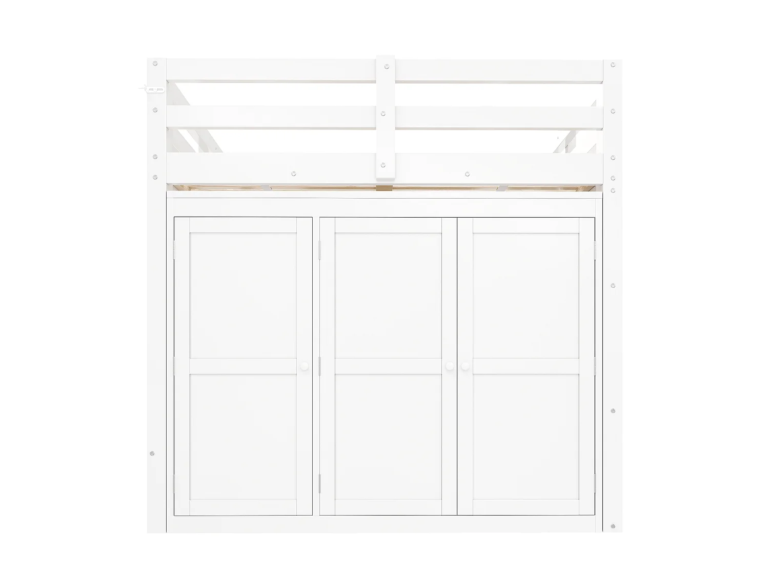 Łóżko piętrowe dla dzieci - 140 x 200 cm - z wbudowaną szafą + 2 okna + LED - MDF + drewno - białe