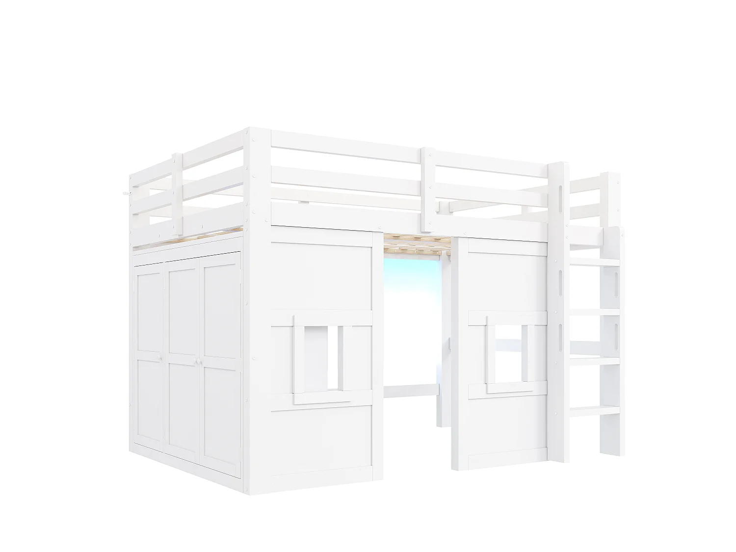 Łóżko piętrowe dla dzieci - 140 x 200 cm - z wbudowaną szafą + 2 okna + LED - MDF + drewno - białe