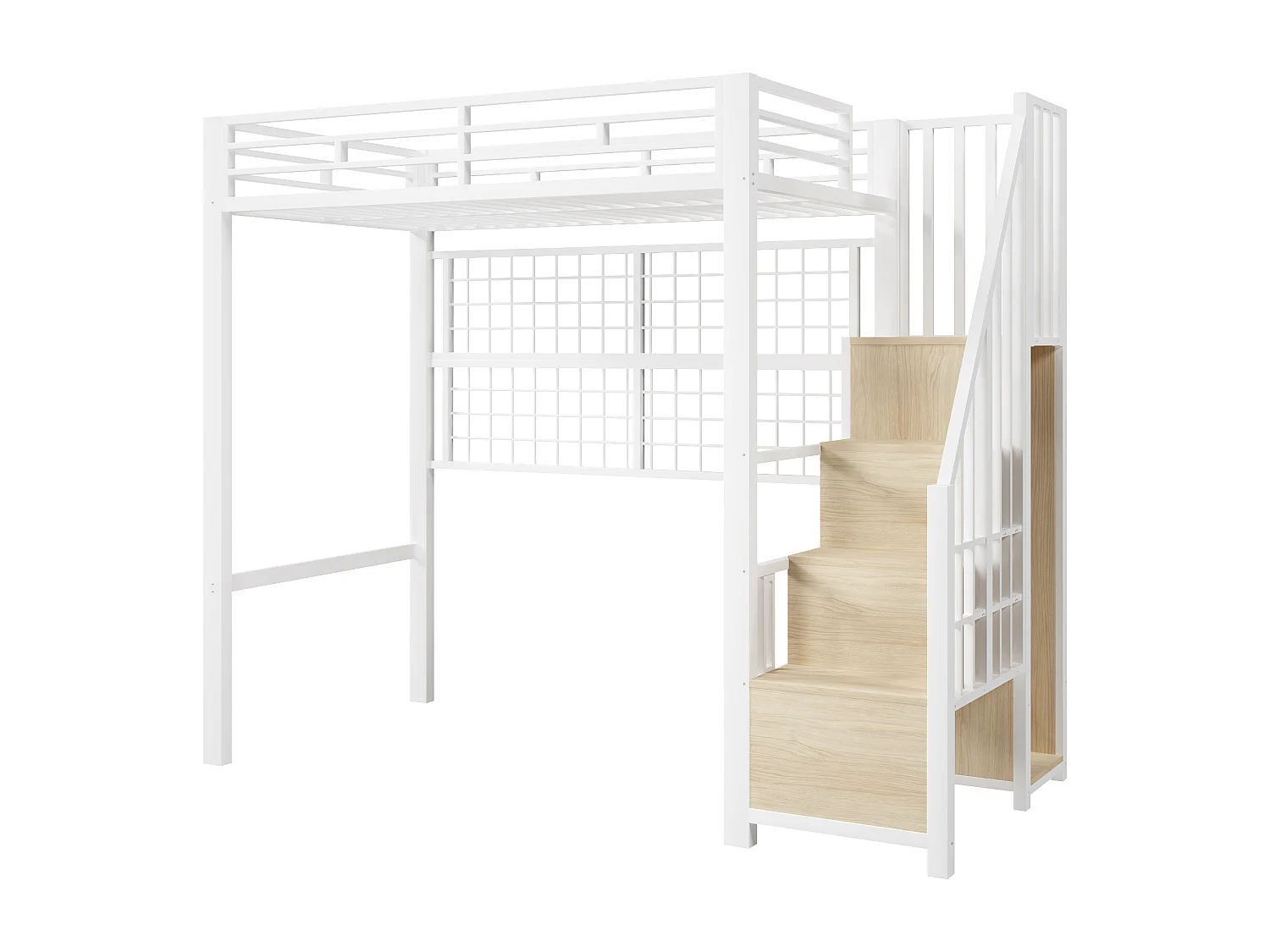 Hochbett mit Eisenrahmen – 90 x 200 cm – mit Kleiderschrank, Leiter mit Stauraum und LED-Beleuchtung – Metall + MDF – weiß