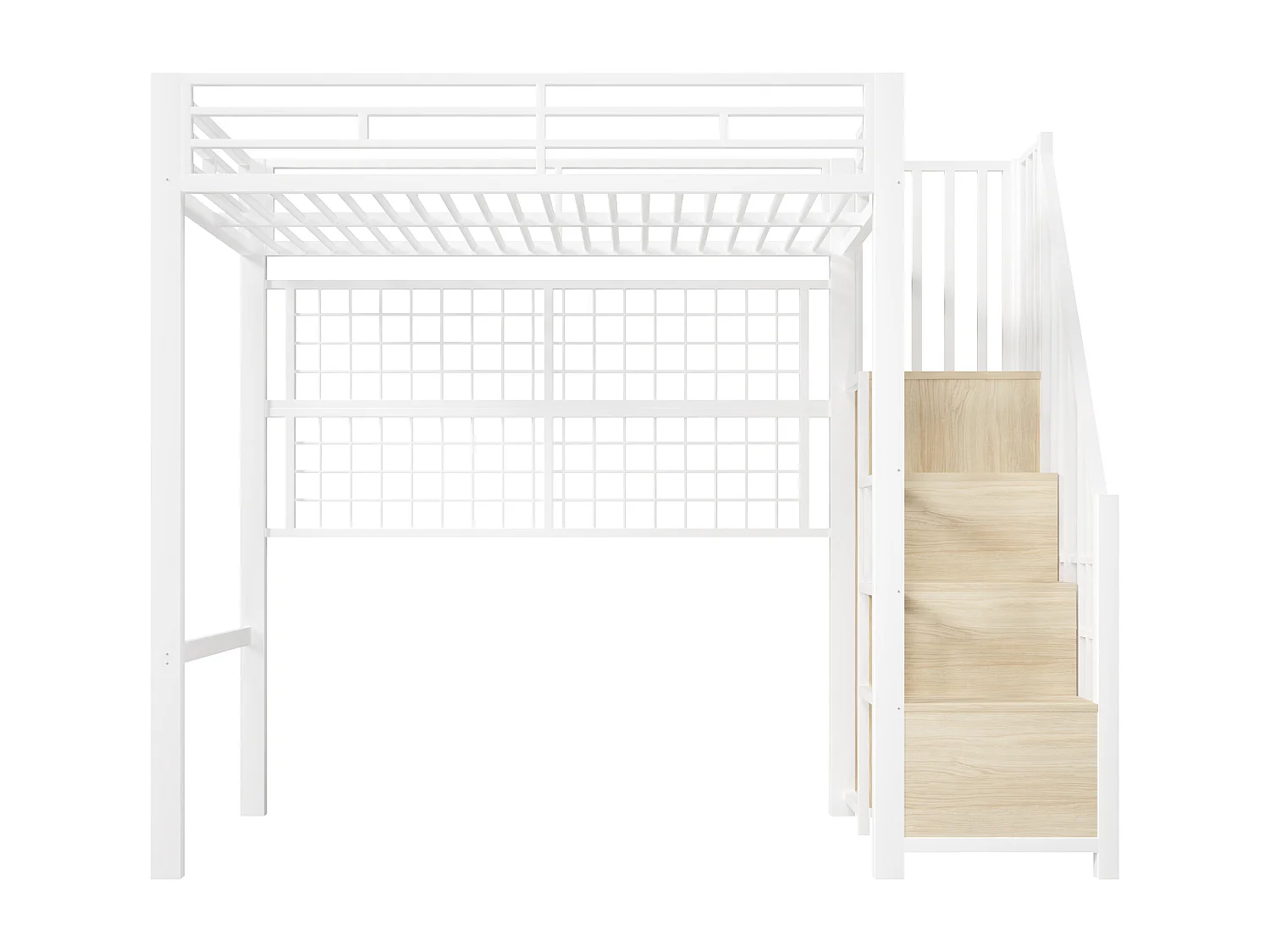 Hochbett mit Eisenrahmen – 90 x 200 cm – mit Kleiderschrank, Leiter mit Stauraum und LED-Beleuchtung – Metall + MDF – weiß