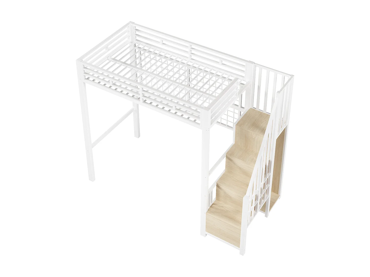 Hochbett mit Eisenrahmen – 90 x 200 cm – mit Kleiderschrank, Leiter mit Stauraum und LED-Beleuchtung – Metall + MDF – weiß