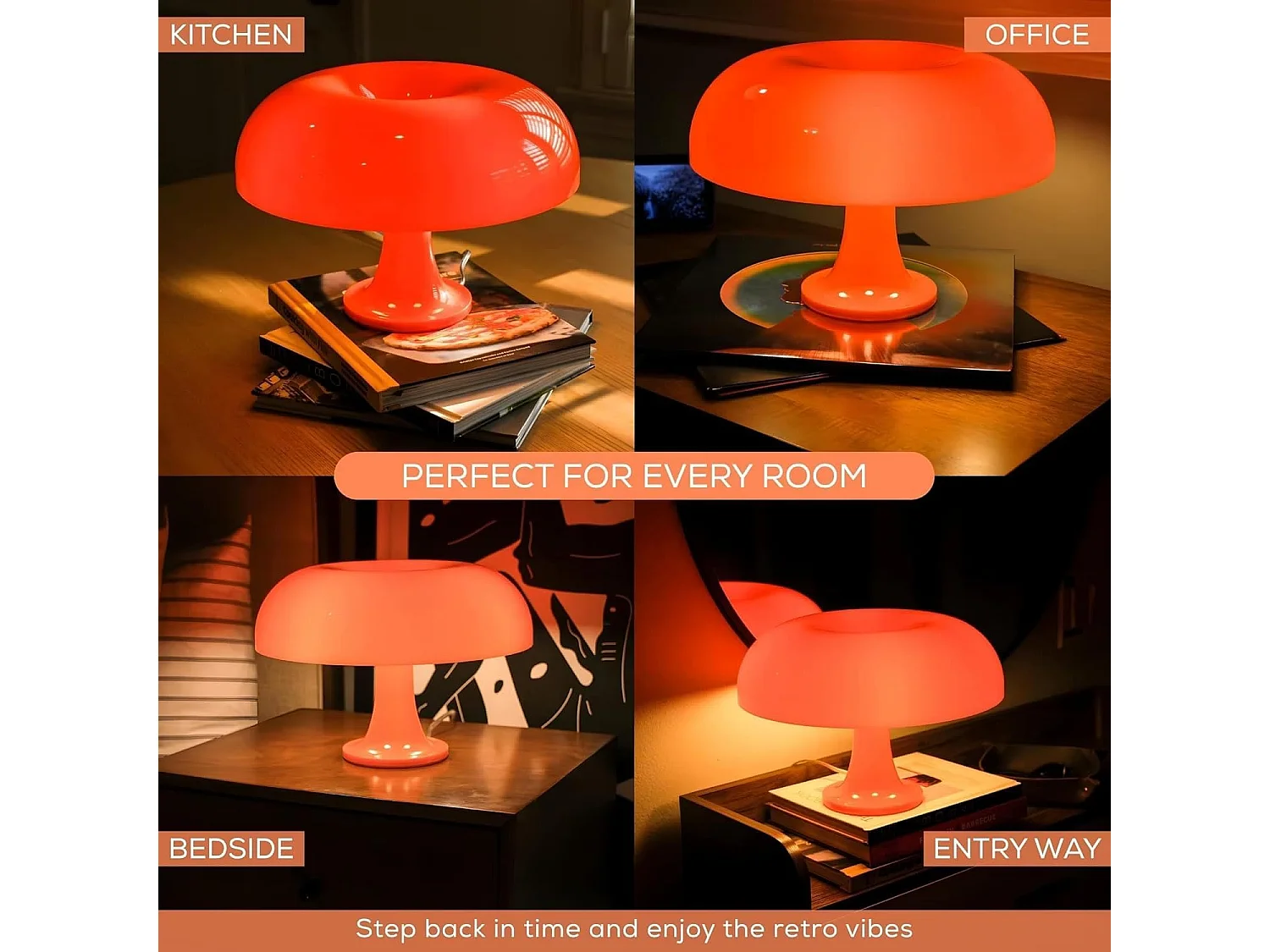 Lampe de Table LED - Champignon Vintage – Abat-Jour Orange Laqué, Style Rétro, USB, Interrupteur Rotatif, Décoration Salon ou Chambre