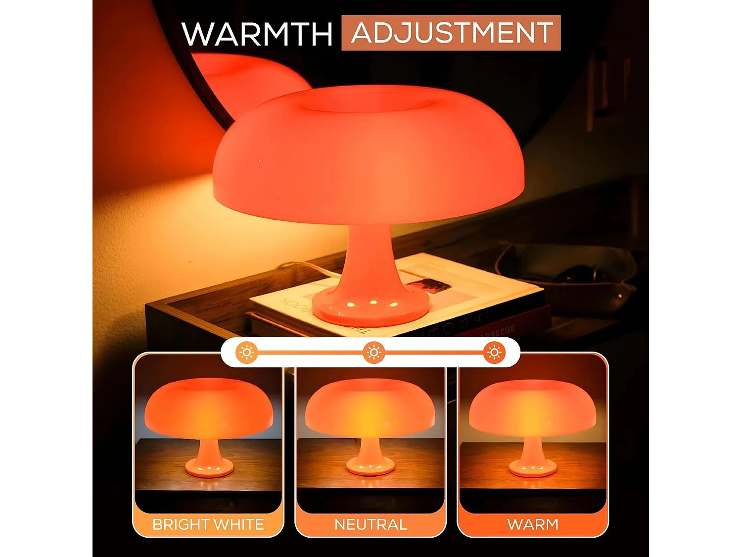 Lampe de Table LED - Champignon Vintage – Abat-Jour Orange Laqué, Style Rétro, USB, Interrupteur Rotatif, Décoration Salon ou Chambre