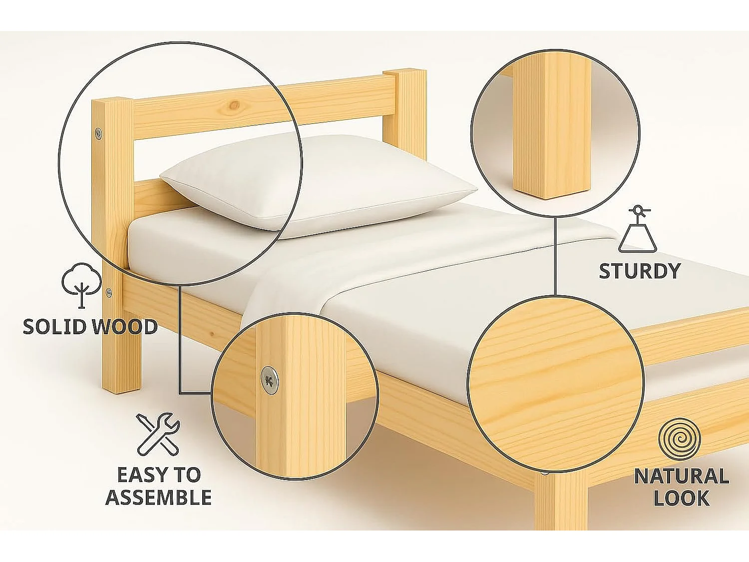 Lit Simple 90 x 190 cm en Bois “Le lit Qui va à l’Essentiel”- Pin Massif - sobriété, solidité et Chaleur Naturelle -Sommier à Lattes Inclus – pour Enfant, ado, Adul