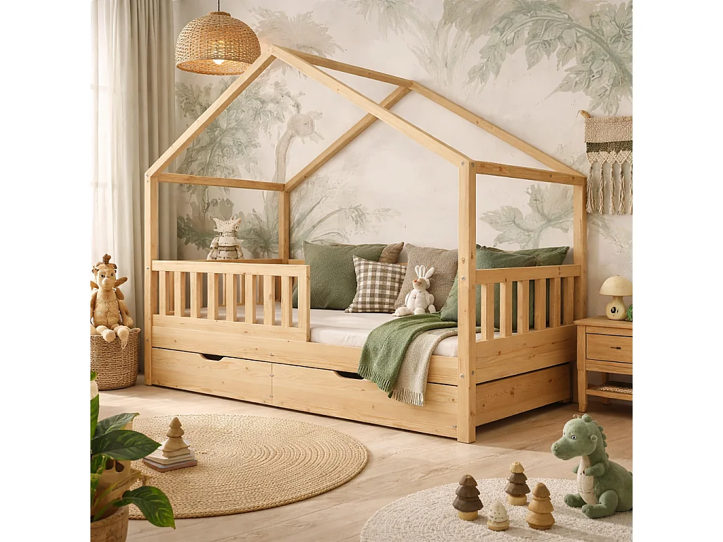 Lit cabane pour Enfant en Bois Naturel 90x190 cm avec 2 tiroirs/sommier sans matelas.