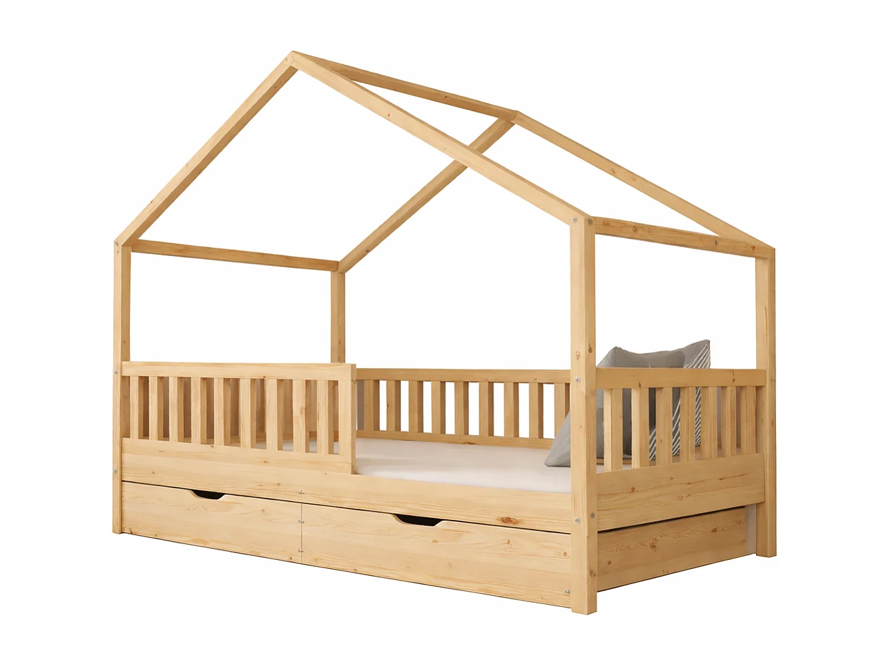 Lit cabane pour Enfant en Bois Naturel 90x190 cm avec 2 tiroirs/sommier sans matelas.
