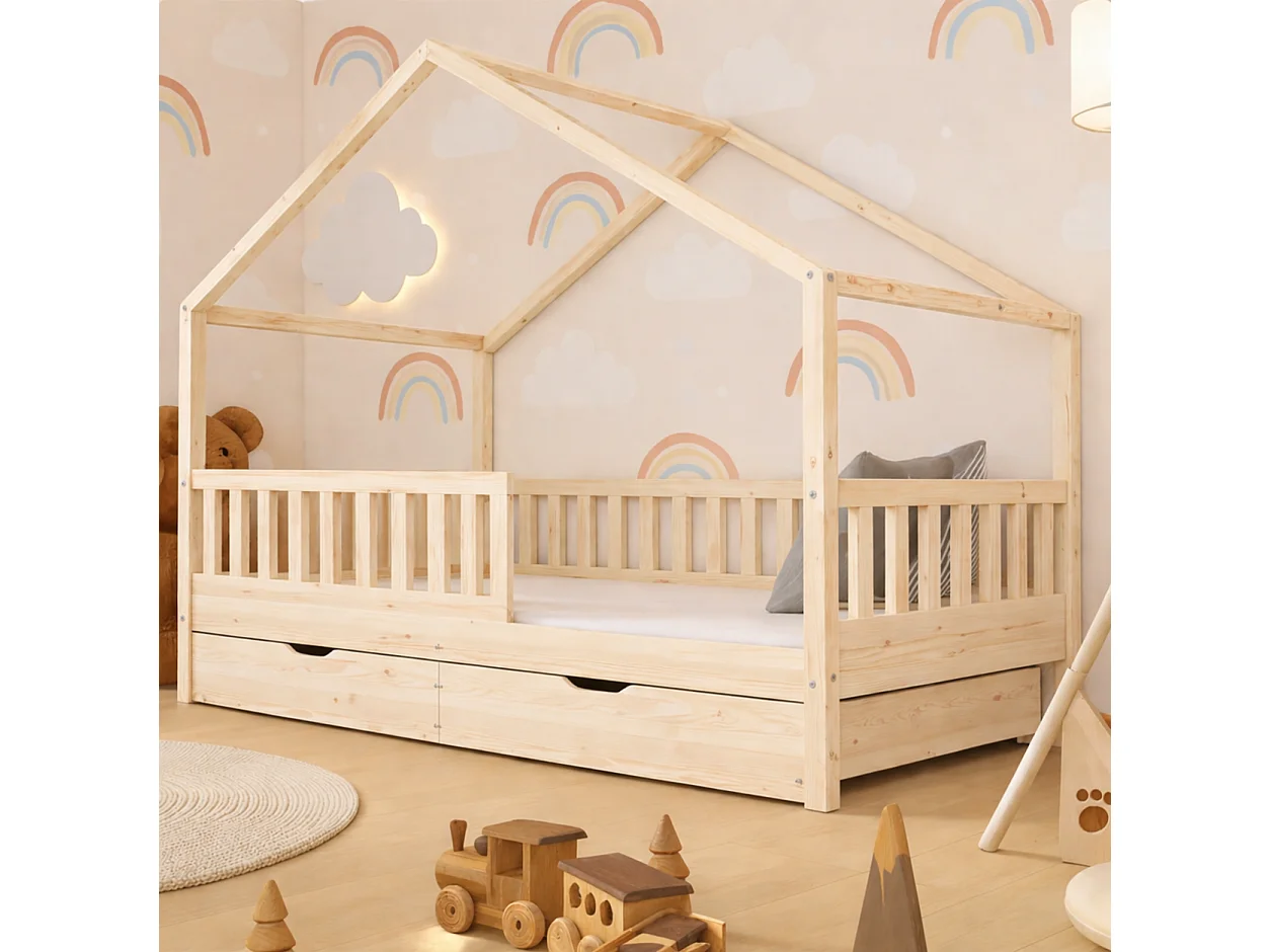Lit cabane pour Enfant en Bois Naturel 90x190 cm avec 2 tiroirs/sommier sans matelas.