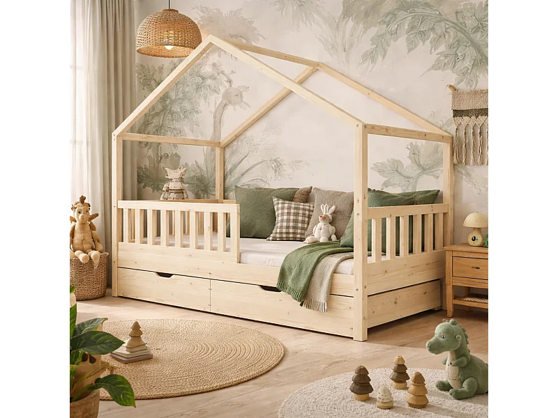 Lit cabane pour Enfant en Bois Naturel 90x190 cm avec 2 tiroirs/sommier sans matelas.