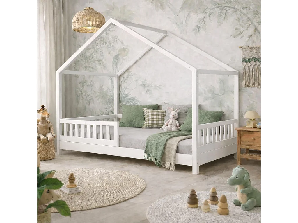 Lit Cabane Enfant 90x190 cm – Blanc – Style Scandinave – Structure Bois Massif – avec Barrières de Sécurité.