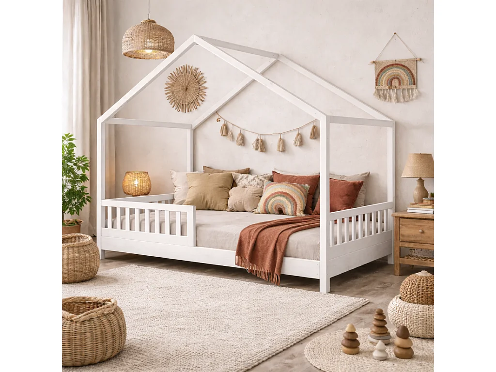 Lit Cabane Enfant 90x190 cm – Blanc – Style Scandinave – Structure Bois Massif – avec Barrières de Sécurité.