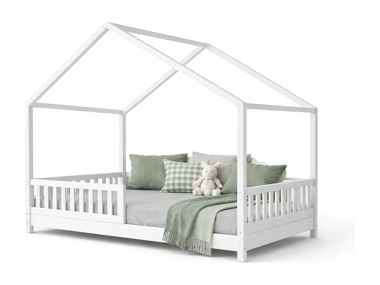 Lit Cabane Enfant 90x190 cm – Blanc – Style Scandinave – Structure Bois Massif – avec Barrières de Sécurité.