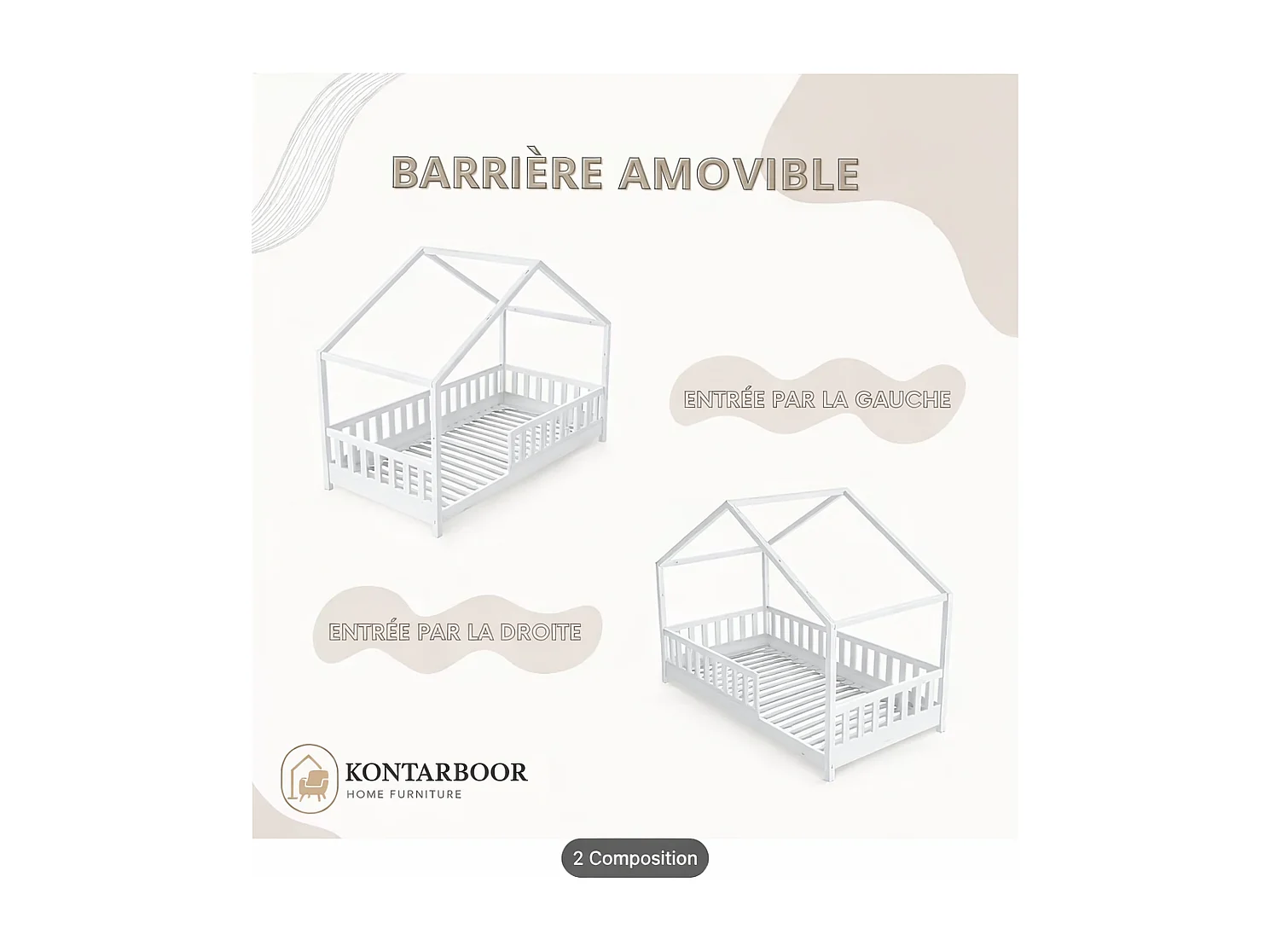 Lit Cabane Enfant 90x190 cm – Blanc – Style Scandinave – Structure Bois Massif – avec Barrières de Sécurité.