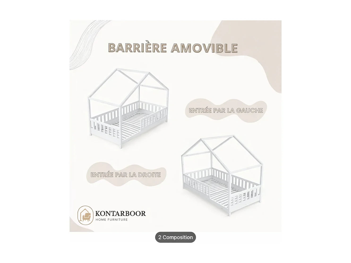 Lit Cabane Enfant 90x190 cm – Blanc – Style Scandinave – Structure Bois Massif – avec Barrières de Sécurité.