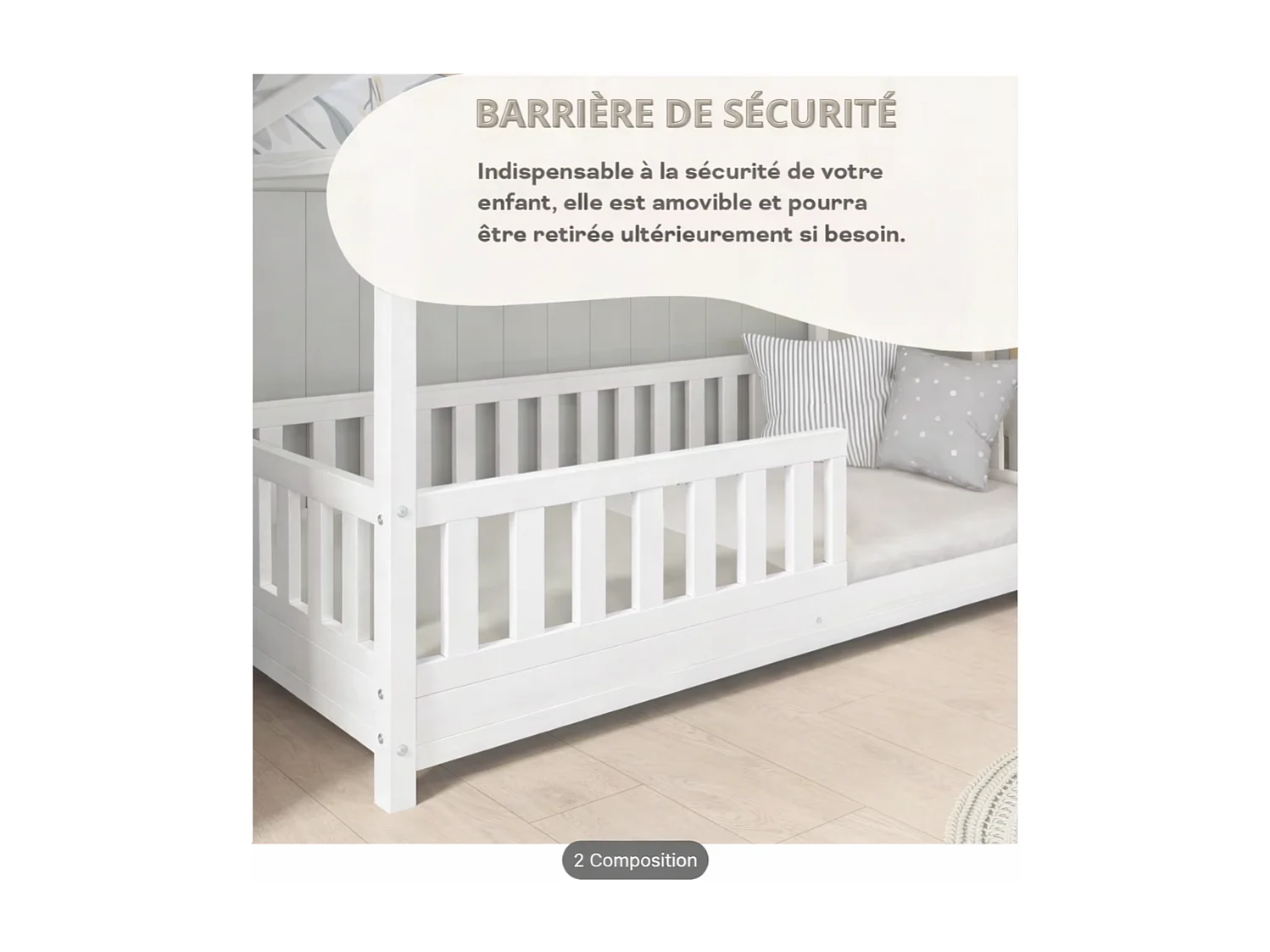 Lit Cabane Enfant 90x190 cm – Blanc – Style Scandinave – Structure Bois Massif – avec Barrières de Sécurité.